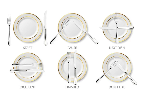 Διάνυσμα 3d Ρεαλιστικά Κεραμικά, πορσελάνη Λευκό πιάτο με χρυσή λωρίδα που απομονώνονται σε λευκό φόντο. Δείπνο Etiquette. Πιρούνια και Μαχαίρια Σήματα. Πάνω όψη — Διανυσματικό Αρχείο
