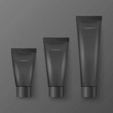 Vektör 3d Gerçekçi Plastik, Metal Siyah Diş Yapıştırıcısı, Krem Tüpü, Paketleme Seti Kara Arkaplan 'da izole edildi. Diş macunu, kozmetik, krem, diş macunu tasarım şablonu. Üst Görünüm