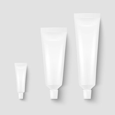 Vektör 3d Gerçekçi Plastik, Metal Beyaz Diş Yapıştırıcısı, Krem Tüpü, Paketleme Seti Beyaz Arkaplanda İzole Edildi. Diş macunu, kozmetik, krem, diş macunu tasarım şablonu. Üst Görünüm