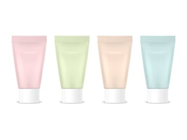 Vektör 3d Gerçekçi Plastik, Metal Pembe, Yeşil, Bej, Mavi Diş macunu, Krem Tüpü, Paketleme Seti izole edildi. Diş macunu, kozmetik, krem, diş macunu tasarım şablonu. Ön Görünüm