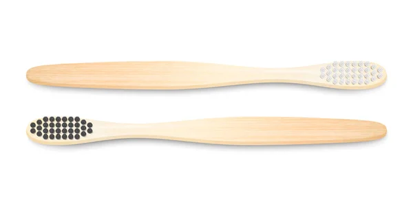 Vector 3d de madeira marrom realista, conjunto de escova de dentes em branco de bambu isolado no fundo branco. Modelo de design, Mockup. Odontologia, Saúde, Conceito de Higiene. Escova de dentes na vista superior — Vetor de Stock