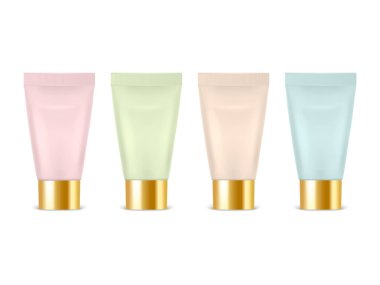 Vektör 3d Gerçekçi Plastik, Metal Pembe, Yeşil, Bej, Mavi Diş macunu, Krem Tüpü, Paketleme Seti izole edildi. Diş macunu, kozmetik, krem, diş macunu tasarım şablonu. Ön Görünüm