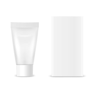 Vektör 3d Gerçekçi Küçük Plastik, Metal Beyaz Diş macunu, Krem Tüpü, Beyaz Arkaplanda Karton Paketleme. Diş macunu, Kozmetik, Mockup için Krem Tasarım Şablonu. Ön Görünüm