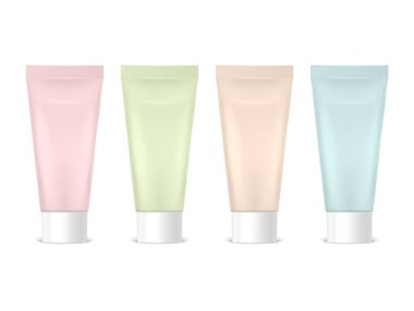 Vektör 3d Gerçekçi Plastik, Metal Pembe, Yeşil, Bej, Mavi Diş macunu, Krem Tüpü, Paketleme Seti izole edildi. Diş macunu, kozmetik, krem, diş macunu tasarım şablonu. Ön Görünüm