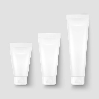 Vektör 3d Gerçekçi Plastik, Metal Beyaz Diş Yapıştırıcısı, Krem Tüpü, Paketleme Seti Beyaz Arkaplanda İzole Edildi. Diş macunu, kozmetik, krem, diş macunu tasarım şablonu. Üst Görünüm