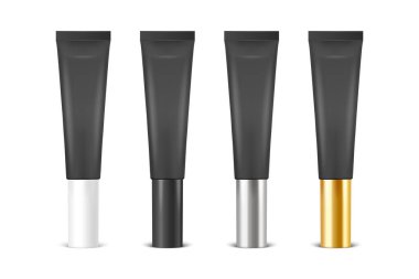 Vektör 3d Gerçekçi Plastik, Metal Siyah Dudak Merhemi, Ruj, Krem Tüpü, Paketleme Seti Siyah Arkaplanda İzole Edildi. Diş macunu, kozmetik, krem, diş macunu tasarım şablonu. Ön Görünüm