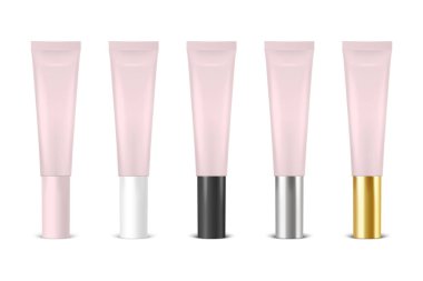 Vektör 3d Gerçekçi Plastik, Metal Pembe Dudak Merhemi, Ruj, Krem Tüpü, Paketleme Seti Beyaz Arkaplanda İzole Edildi. Diş macunu, kozmetik, krem, diş macunu tasarım şablonu. Ön Görünüm