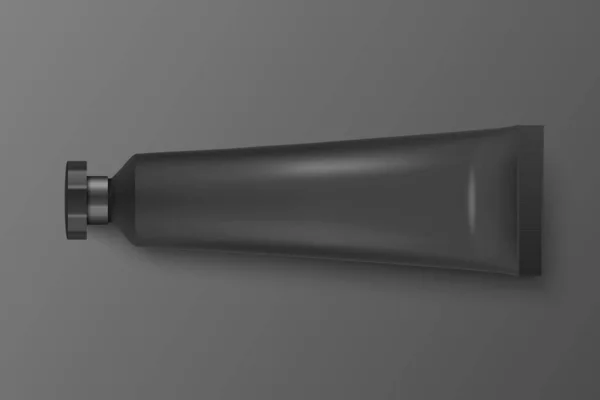 Vektor 3d realistický plast, Metal Black Tube Icon Closeup Izolované na černém pozadí. Balení pro kosmetiku, masti, krém, zubní pastu. Design šablony zubní pasty pro Mockup. Pohled nahoru — Stockový vektor