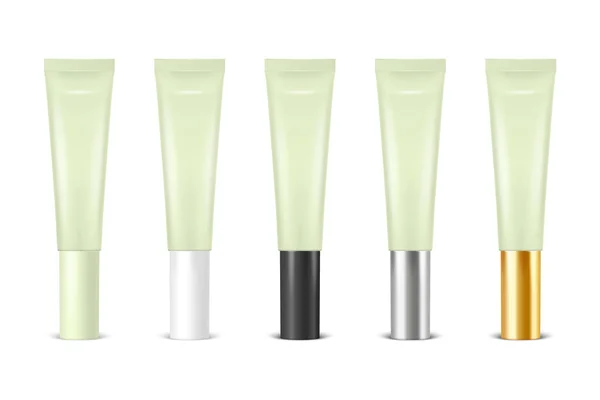 Vector 3d Realistic Plastic, Metal Green Lip Balm, Lipstick, Cream Tube, Packing Set Isolated on White Background. Дизайн шаблону зубної пасти, косметики, крему, зуба для Mockup. Передній вид — стоковий вектор