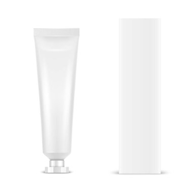 Vektör 3d Gerçekçi Plastik, Metal Beyaz Diş macunu, Krem Tüpü, Beyaz Arkaplanda Karton Paketleme. Diş macunu, kozmetik, krem, diş macunu tasarım şablonu. Ön Görünüm