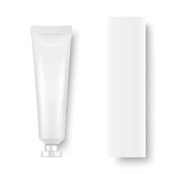 Plastica realistica vettoriale 3d, pasta per denti bianca in metallo, tubo crema, imballaggio in cartone isolato su sfondo bianco. Modello di design di dentifricio, cosmetici, crema, pasta per denti per Mockup. Vista dall'alto — Vettoriale Stock