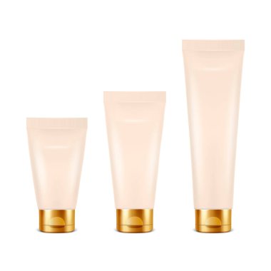 Vektör 3d Gerçekçi Plastik, Metal BeigeTooth Yapıştırıcısı, Krem Tüpü, Beyaz Arkaplan 'da Altın Şapka Takılı Paketleme. Diş macunu, Kozmetik, Mockup için Krem Tasarım Şablonu. Ön Görünüm