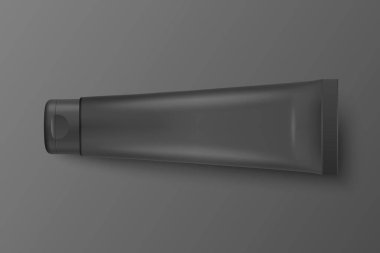 Vektör 3d Gerçekçi Plastik, Metal Siyah Boru Simgesi Kapanışı Siyah Arkaplan 'da izole edildi. Kozmetik için ambalaj, merhem, krem, diş macunu. Mockup için Dişmacunu Şablonu Tasarımı. Üst Görünüm