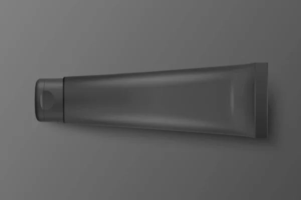 Vecteur 3d réaliste plastique, métal noir Tube Icône Fermer isolé sur fond noir. Emballage pour cosmétiques, onguents, crème, pâte à dents. Modèle de conception de dentifrice pour Mockup. Vue du dessus — Image vectorielle