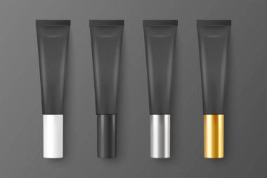 Vektör 3d Gerçekçi Plastik, Metal Siyah Dudak Merhemi, Ruj, Krem Tüpü, Paketleme Seti Siyah Arkaplanda İzole Edildi. Diş macunu, kozmetik, krem, diş macunu tasarım şablonu. Üst Görünüm