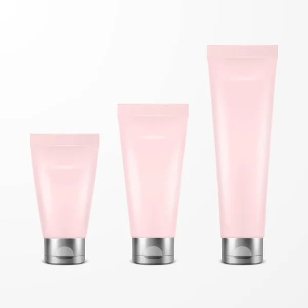 Vector 3d Realistic Plastic, Metal Pink Tooth Paste, Cream Tube, Packing with Silver Cap Set Isolated on White Background Дизайн шаблону зубної пасти, косметики, крему для Mockup. Передній вид — стоковий вектор