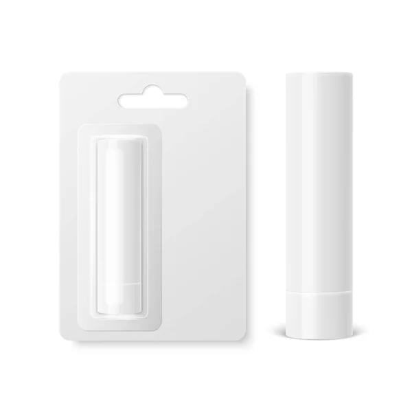 Vector Realistic 3d White Blank Closed Lip Balm Stick, Lipstick igienico e Set di imballaggio in blister isolato. Modello di design per grafica, Vector Mockup. Cosmetico, Bellezza, Trucco. Vista frontale — Vettoriale Stock