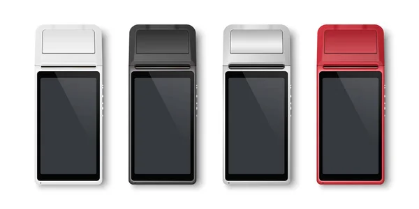 Vector Realistic Silver 3d Payment Machine 의 약자이다. POS 터미널은 백지에 격리 구역을 설정 합니다. 은행 지불 터미널의 디자인 템플릿, 모크 업. NFC 페이 션 장치를 처리 한다. 위에서 본 광경 — 스톡 벡터