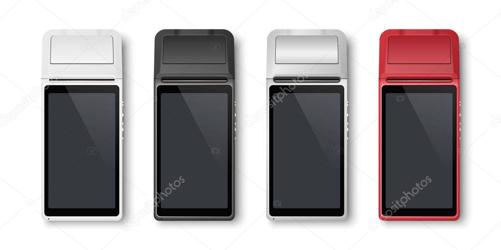 Vector Realistic Silver 3d Payment Machine. POS Terminal Set Closeup Isolated on White Background. Design Template of Bank Payment Terminal, Mockup. Processing NFC Payments Device. Top View