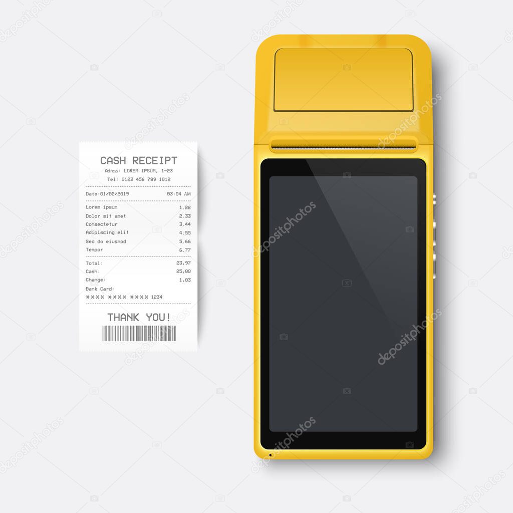 Vector Realistic Yellow 3d Payment Machine. POS Terminal, Paper Receipt Closeup Isolated on White Background. Design Template of Bank Payment Terminal, Mockup. Processing NFC Payments Device. Top View