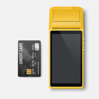 Vektör Gerçekçi Sarı 3d Ödeme Makinesi. POS Terminali, Kredi Kartı Kapatma İzole edildi. Onaylanmış Ödeme. Banka Ödeme Terminali Tasarım Şablonu, Mockup. NFC Ödeme Aygıtı İşleniyor. Üst Görünüm