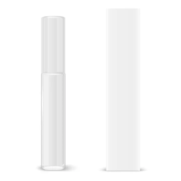 Vector 3d realista cerrado brillo de labios blancos, paquete de lápiz labial, paquete de embalaje de cartón aislado en blanco. Recipiente de vidrio, tubo, tapa, cepillo. Plantilla de diseño de botella transparente de plástico, Mockup. Vista frontal — Archivo Imágenes Vectoriales