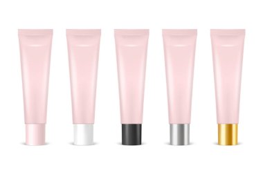 Vektör 3d Gerçekçi Plastik, Metal Pembe Dudak Merhemi, Ruj, Krem Tüpü, Paketleme Seti Beyaz Arkaplanda İzole Edildi. Diş macunu, kozmetik, krem, diş macunu tasarım şablonu. Ön Görünüm