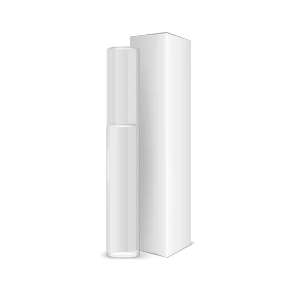 Vector 3d réaliste fermé blanc brillant à lèvres, paquet de rouge à lèvres, ensemble d'emballage en carton isolé sur blanc. Conteneur en verre, tube, couvercle, pinceau. Modèle de conception de bouteille transparente en plastique, maquette. Vue de face — Image vectorielle
