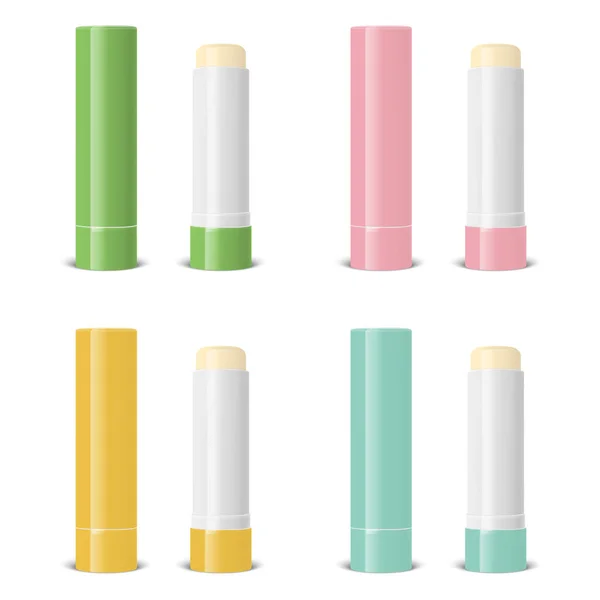 Vector Realistic 3D Blank Geöffneter, geschlossener Lippenbalsam-Stick, Hygienischer Lippenstift und Blister Verpackungsset Isoliert. Design Template für Grafik, Vektor-Mockup. Kosmetik, Schönheit, Schminkkonzept. Frontansicht — Stockvektor