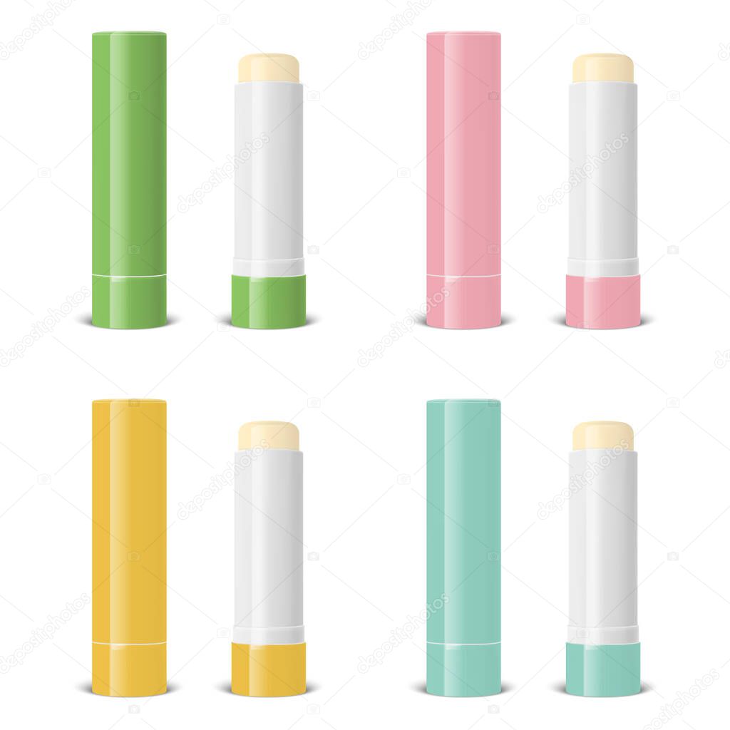 Vector Realistic 3d Blank Opened, Closed Lip Balm Stick, Hygienic Lipstick and Blister Packaging Set Isolated. Design Template for Graphics, Vector Mockup. Cosmetic, Beauty, Makeup Concept. Front View