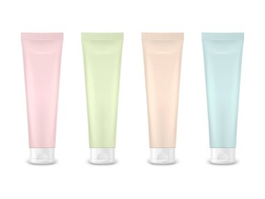 Vektör 3d Gerçekçi Plastik, Metal Pembe, Yeşil, Bej, Mavi Diş macunu, Krem Tüpü, Paketleme Seti Beyaz Arkaplan 'da izole edildi. Diş macunu, Kozmetik, Mockup için Krem Tasarım Şablonu. Ön Görünüm