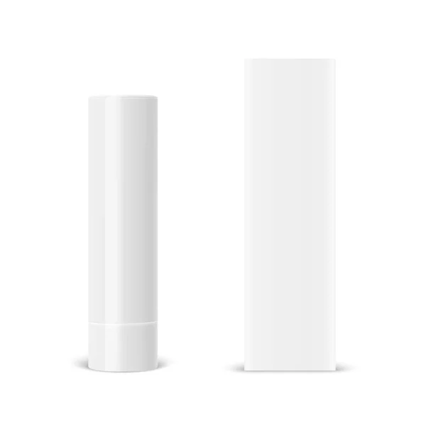 Vector Realistic 3D White Blank Closed Lip Balm Stick, Hygienic Lippenstift und Karton Packset isoliert. Design Template für Grafik, Vektor-Mockup. Kosmetik, Schönheit, Schminkkonzept. Frontansicht — Stockvektor