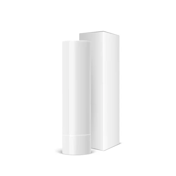 Vector Realistic 3D White Blank Closed Lip Balm Stick, Hygienic Lippenstift und Karton Packset isoliert. Design Template für Grafik, Vektor-Mockup. Kosmetik, Schönheit, Schminkkonzept. Frontansicht — Stockvektor