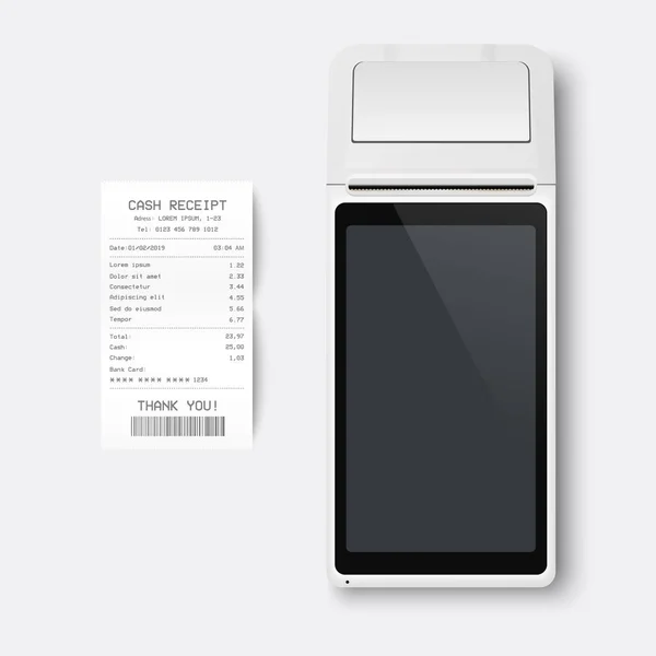 Vector Realist White 3d Payment Machine POS Terminal, Paper Receipt Closeup Isolated on White Background Дизайн шаблону банківського платіжного терміналу, Mockup. Обробка платежів НФК. Вид зверху — стоковий вектор