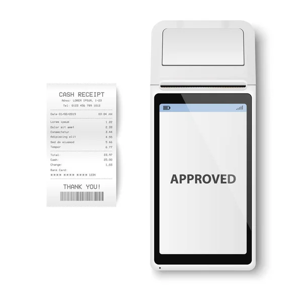 Vector Realistic White 3d Payment Machine. POS Terminal, Paper Receipt Closeup isoliert. Genehmigte Zahlung. Design-Vorlage eines Bankzahlungsterminals, Mockup. Verarbeitung von NFC-Zahlungsgeräten. Ansicht von oben — Stockvektor