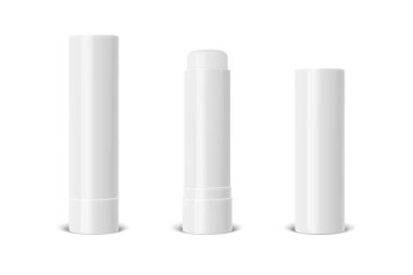 Vektör Gerçekçi 3d Beyaz Boşluk Kapalı, Açık Dudak nemlendirici, Hijyenik Ruj Paketleme Seti izole edildi. Grafik Tasarım Şablonu, Vektör Mockup. Kozmetik, Güzellik, Makyaj Konsepti. Ön Görünüm