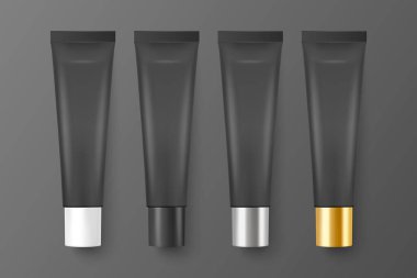 Vektör 3d Gerçekçi Plastik, Metal Siyah Dudak Merhemi, Ruj, Krem Tüpü, Paketleme Seti Siyah Arkaplanda İzole Edildi. Diş macunu, kozmetik, krem, diş macunu tasarım şablonu. Üst Görünüm