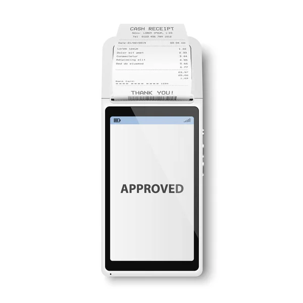 Vector Realistic White 3d Payment Machine. POS Terminal, Paper Receipt Closeup isoliert. Genehmigte Zahlung. Design-Vorlage eines Bankzahlungsterminals, Mockup. Verarbeitung von NFC-Zahlungsgeräten. Ansicht von oben — Stockvektor
