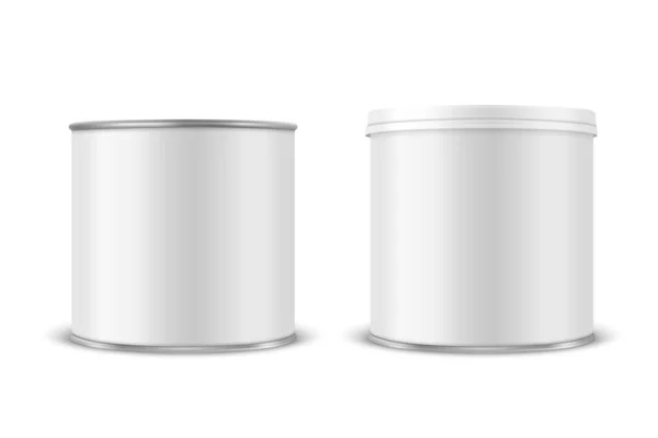 Vector 3d Realistic Blank White Metal Tin Can, Canned Food, Potato Chips Packaging With Lid Set Isolated On White Background. 크기는 작다. 디자인 템플릿, 모토우. 전면 견해 — 스톡 벡터