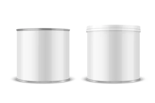 Vector 3d Realist Blank Glossy White Metal Tin Can, Canned Food, Potato Chips Packaging With Lid Set Isolated On White Background Невеликий розмір. Дизайн шаблон, Mockup. Передній вид — стоковий вектор