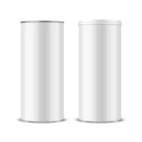 Векторная 3D-упаковка Refleic Blank Ghassy White Tin Can, консервированная еда, картофельные чипсы с лимонным комплектом на белом фоне. Среднего размера. Шаблон дизайна, макет. Вид спереди — стоковый вектор