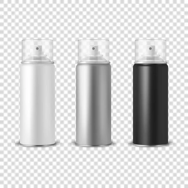 Vector 3d Revic White, Silver, Black Aluminum Blank, Can, Bule, Lid Set Isolated. Design Template, Felyer Can, Mock up, Package, Advertising, Hairspray, Deodorant. Вид спереди — стоковый вектор