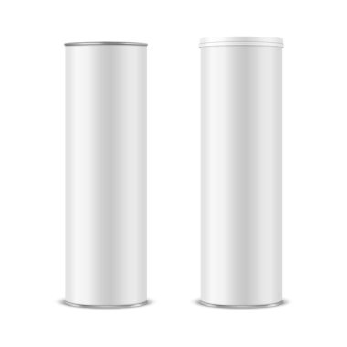Vektör 3d Gerçekçi Boş Metal Teneke Kutu, Konserve Yiyecek, Beyaz Arkaplanda Lid setli Patates cipsi Paketi. Büyük boy. Tasarım Şablonu, Mockup. Ön Görünüm