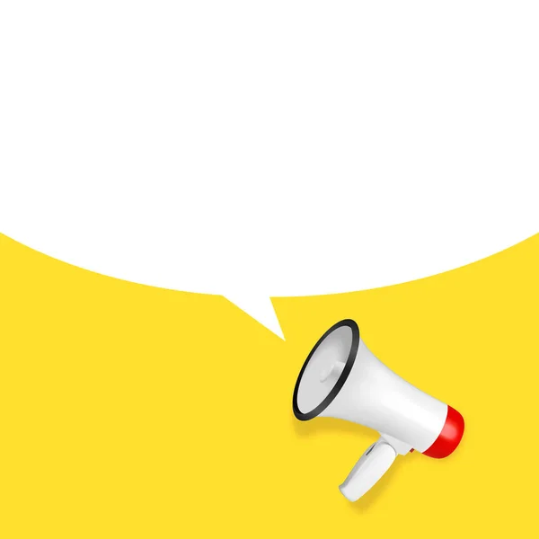 Vector Realistic 3d Simple White Megaphone with Speech Buble on Yellow Background. Design Template, Banner, Web. Speaker Sign. Announcement, Attention Concept — Stock Vector