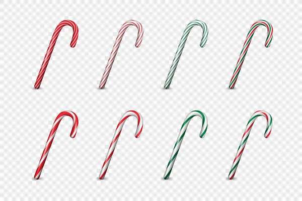 Vektor 3d realistické pruhované Vánoce a Nový rok Candy Cane Icon Set Closeup Izolované na průhledném pozadí. Vánoční sladkost. Navrhnout šablonu pro blahopřání. Pohled zepředu — Stockový vektor