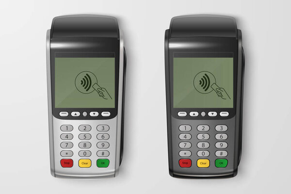 Vector 3d Realistic Silver, Black Payment Wi-Fi Machine Set. POS Terminal Closeup Isolated. Approved Payment. Design Template, Bank Payment Terminal, Mockup. Processing NFC Payments Device. Top View