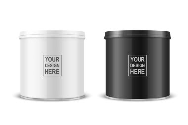 Vektör 3d Gerçekçi Boş Parlak Beyaz, Siyah Metal Teneke Kutu, Konserve Yiyecek, Beyaz Arkaplanda izole edilmiş Lid Seti ile Patates cipsi Paketi. Küçük boy. Tasarım Şablonu, Mockup. Ön Görünüm