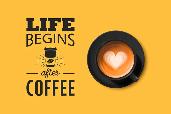 泡コーヒーとベクトル3Dリアルなブラックセラミック磁器マグカップ-カプチーノ、ラテ、アメリカーノ。タイポグラフィー付きコーヒーカップ,コーヒーについてのフレーズ.ストックイラスト。デザインテンプレート。トップ表示 — ストックベクタ
