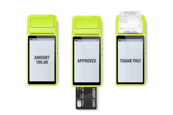 Vector 3D Realistische Zahlungsmaschine. Kassenbon, Kassenbon, Kreditkarte isoliert. Genehmigte Zahlung. Design-Vorlage, Bankzahlungsterminal, Mockup. Verarbeitung von NFC-Zahlungsgeräten. Ansicht von oben — Stockvektor