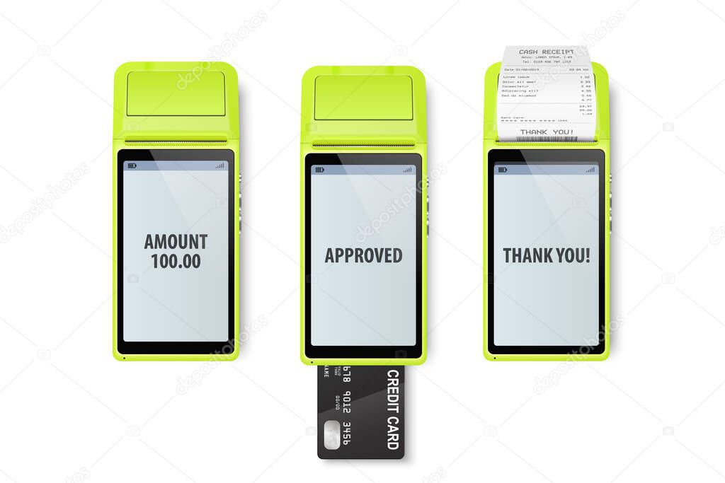 Vector 3d Realistic Payment Machine. POS Terminal, Paper Receipt, Credit Card Isolated. Approved Payment. Design Template, Bank Payment Terminal, Mockup. Processing NFC Payments Device. Top View